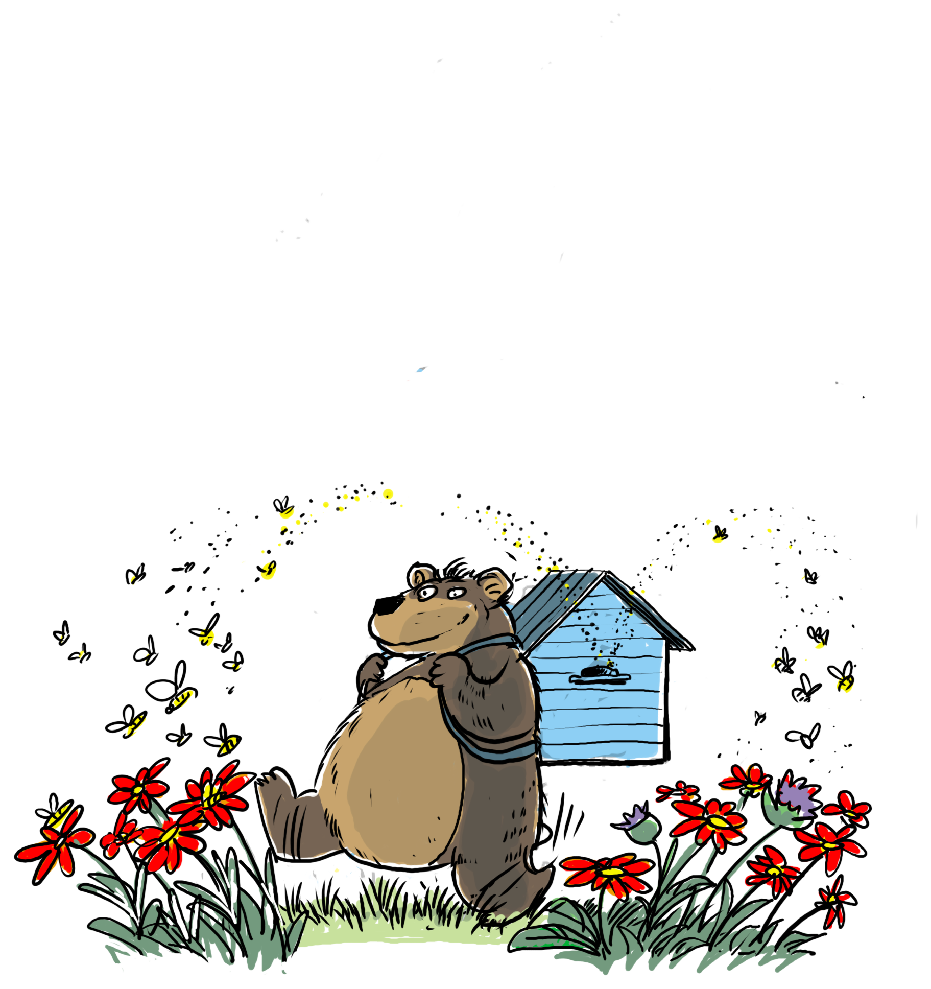 Ilustracja: miś, pszczoły i kwiaty