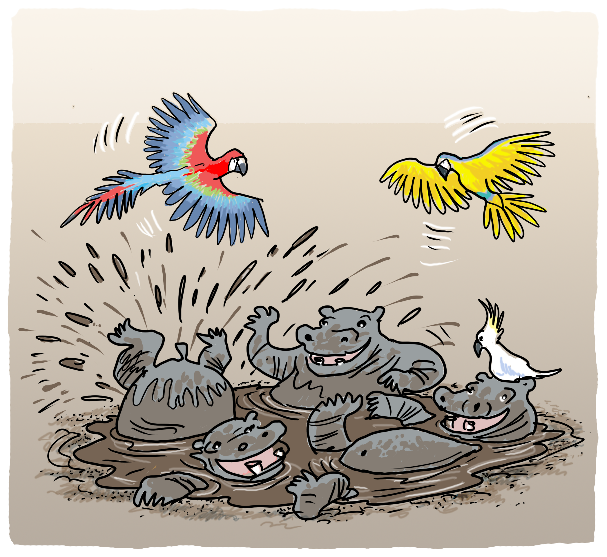 Ilustracja: hipopotamy w błocie