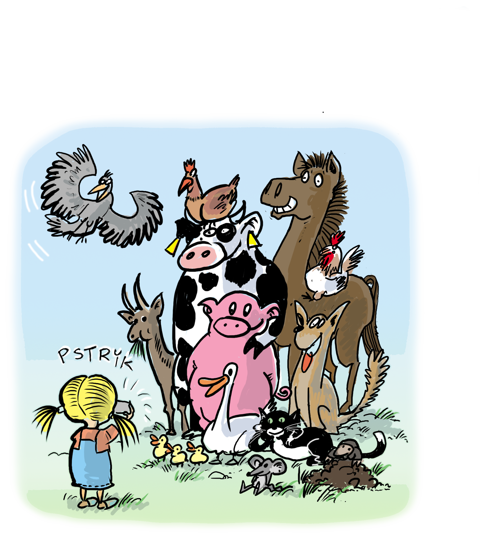 Ilustracja: dziewczynka i zwierzęta gospodarskie
