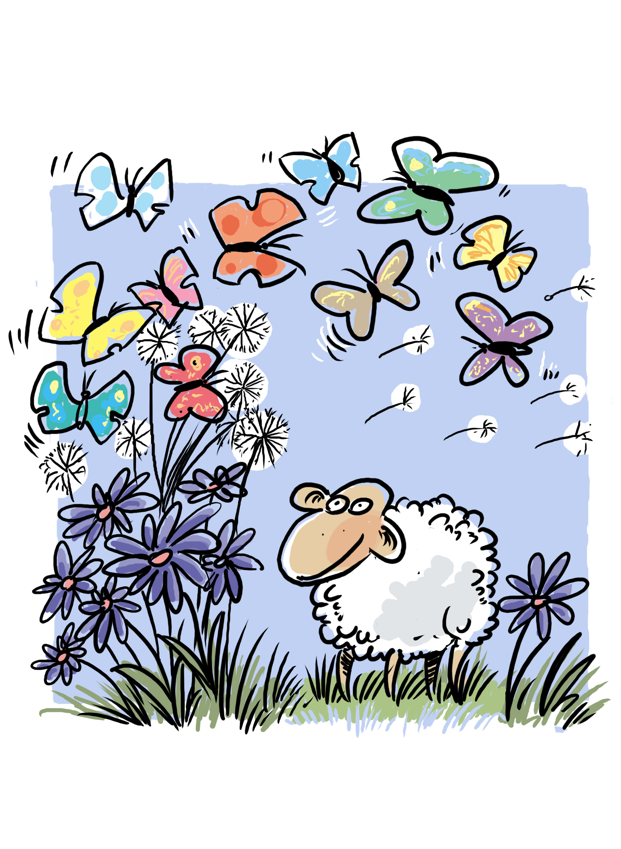 Ilustracja: owca i motyle